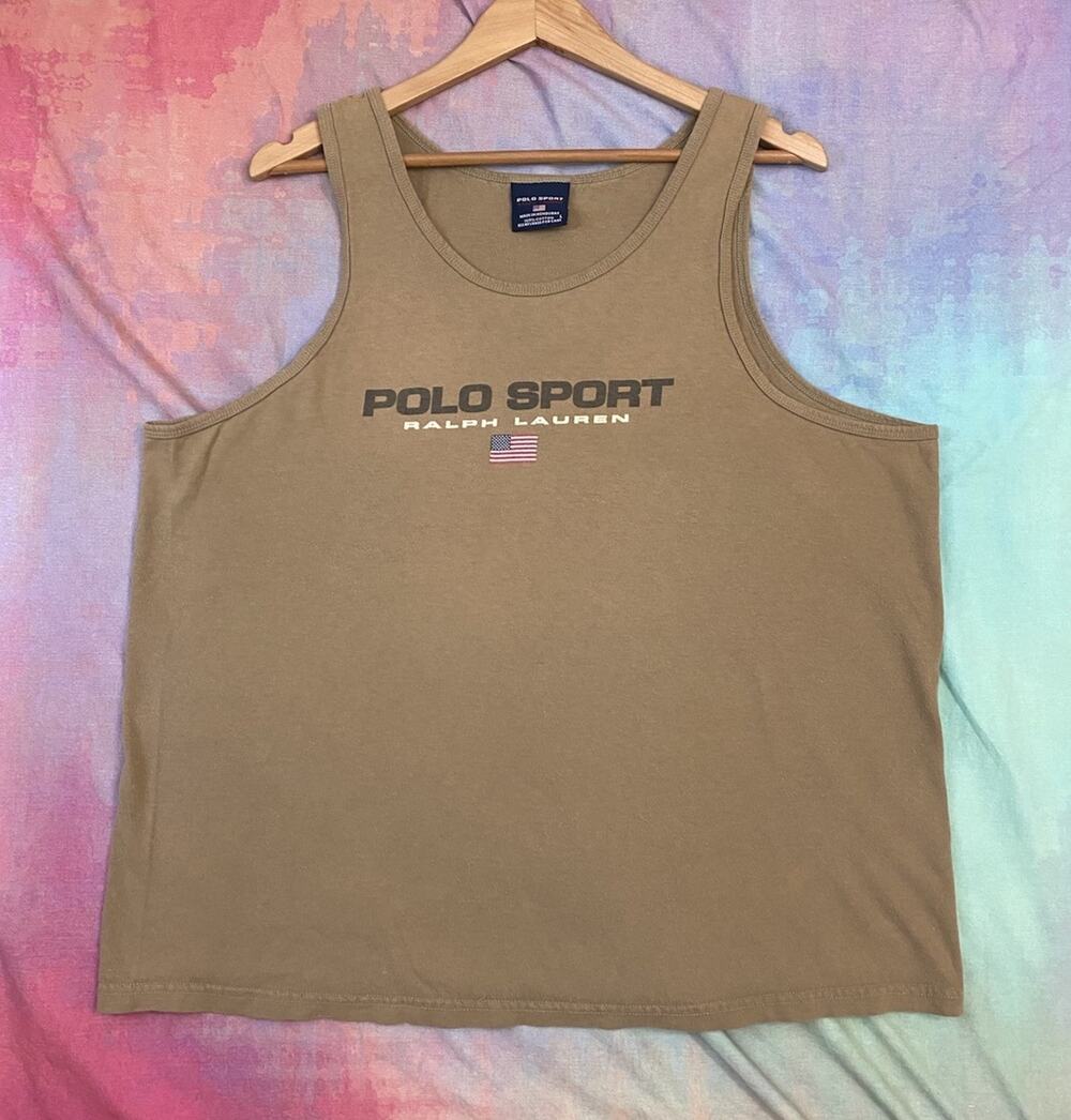 Vintage 90s Y2K Polo Sport USA Flag Spellout Logo Tank Top Khaki Tan Sz L Muscle